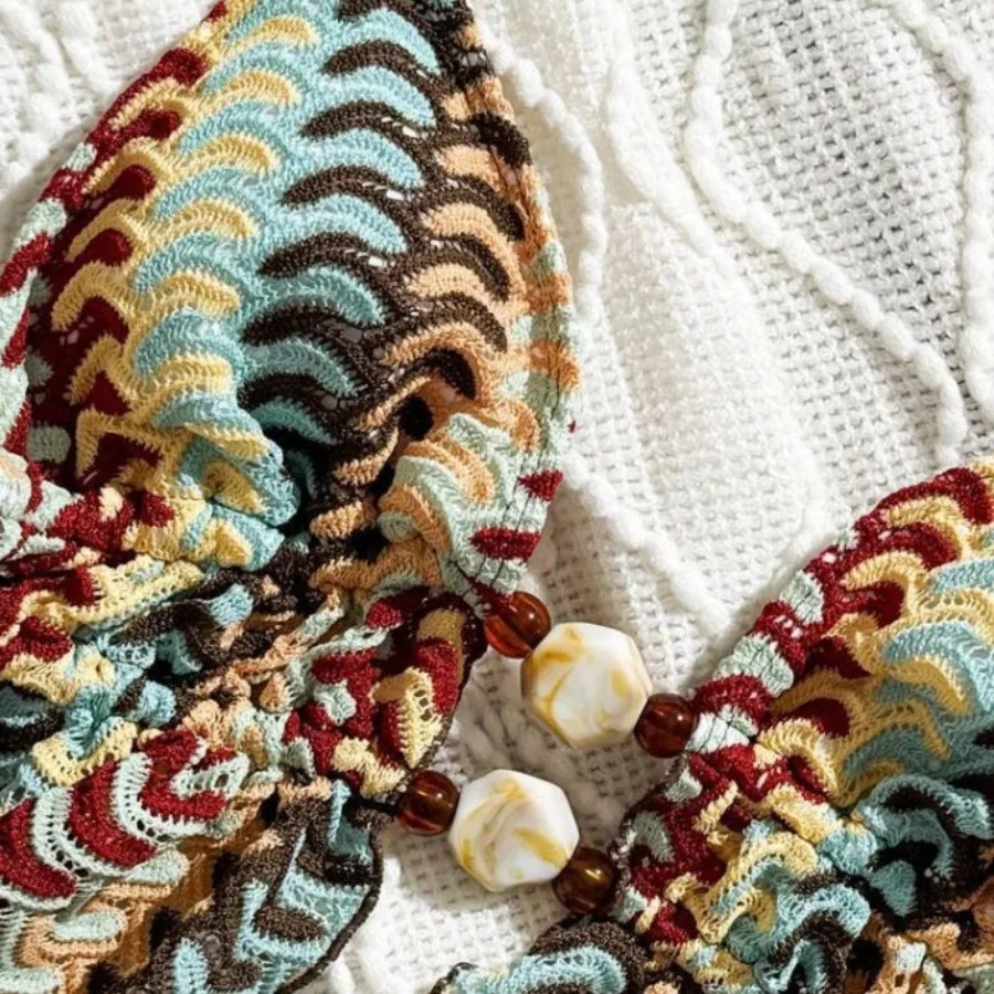 مزدوج التفاف التعادل مجموعة البكيني النساء البوهيمي الخامس الرقبة خمر أنيقة Tankini قطعتين ملابس الشاطئ التستر ملابس السباحة مثير بيكيني