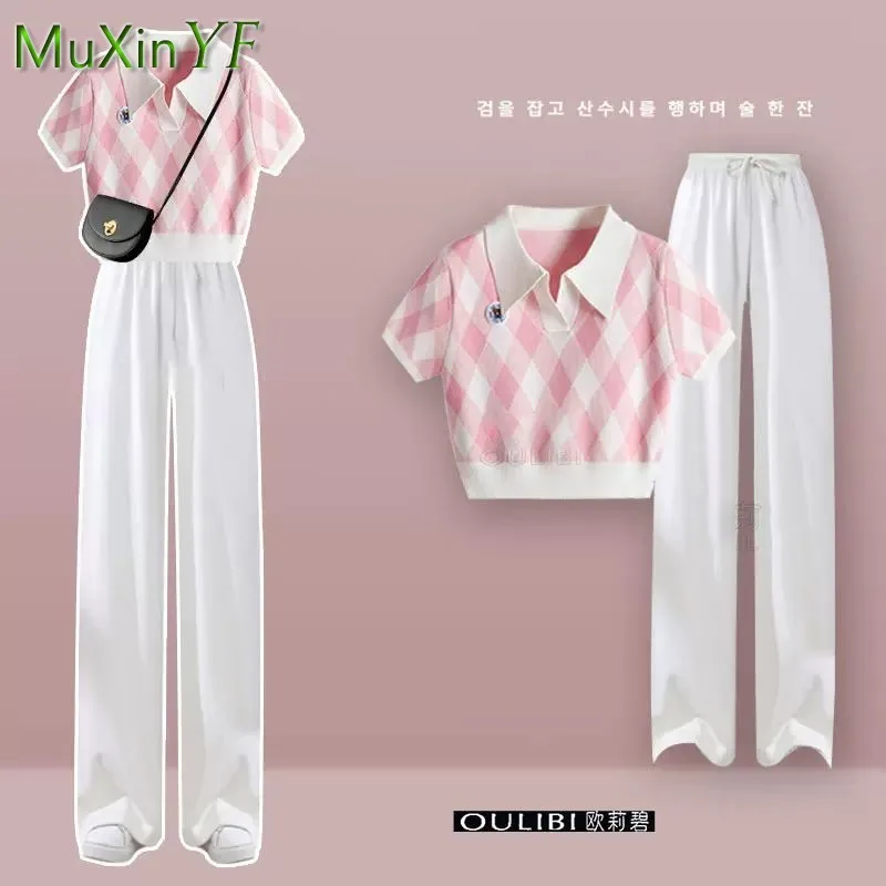 2023 Summer New Loose Polo Neck Top+Wide Leg Pants Two Piece Suit Women\'s Korean Elegant Short Sleeve Pants Casual Matching Set