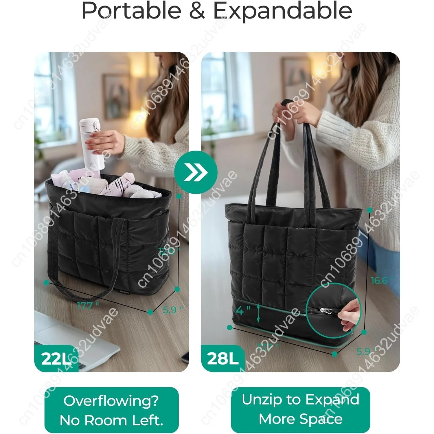 BAGSMART Expandable Tote Bag for Women, Puffer Work Tote Water-Resistant Quilted, Nurse and Carry-On Travel Gym Bag