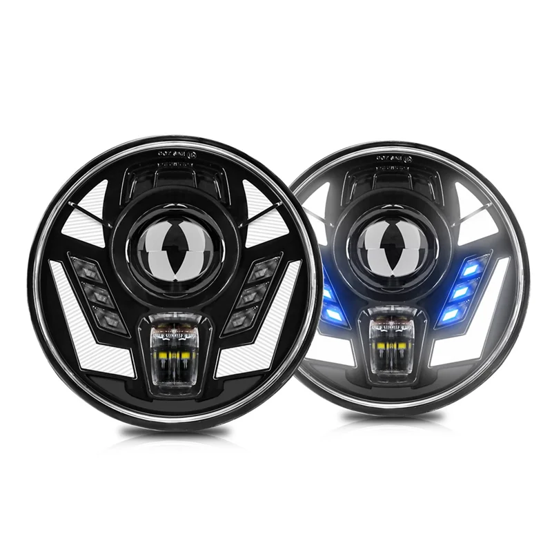 

AEF3-7-дюймовые круглые светодиодные фары, белые + синие DRL, янтарный + синий указатель поворота для Wrangler JK TJ LJ Camaro Mazda Hummer