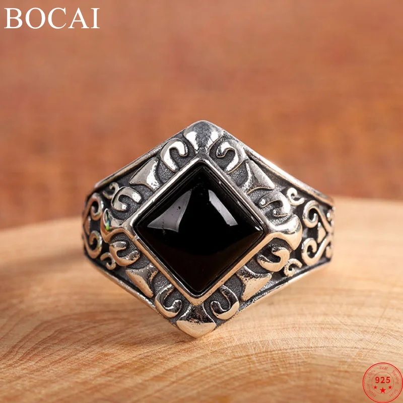 

BOCAI S925 Sterling Silver Rings for Women Men New Fashion Ancient Totem Rhombus Agate Mid East Style Jewelry Free Shipping