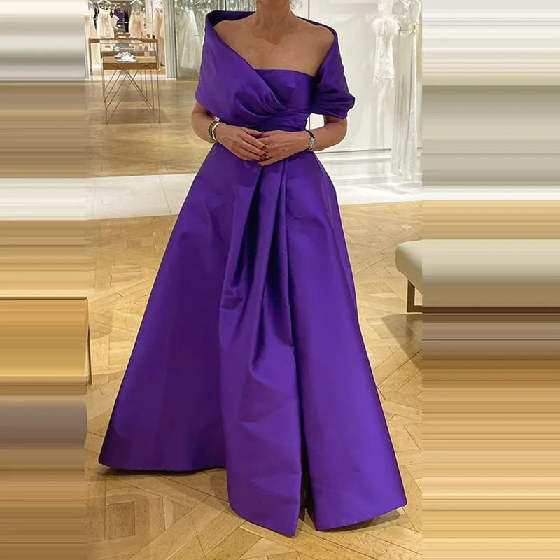 Fairytale Purple Satin Prom Party Dresses Cap Sleeves Women A Line Arabic Formal Evening Gowns Floor Length Robe de soiree