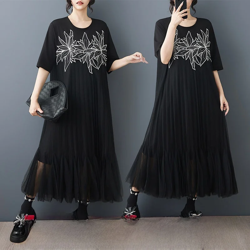 

Summer New Style Dark Design Embroidered Net Gauze Pleated Fashionable Loose Dress Ethnicity Wind A-Line Cotton Women's Dress