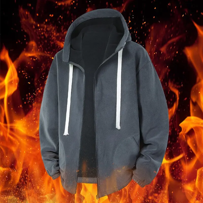 New Autumn and Winter Fashion Trend Solid Color Thick Warm Lamb Wool Jacket Men's Loose Sports Plus Size Hooded Jacket M-4XL