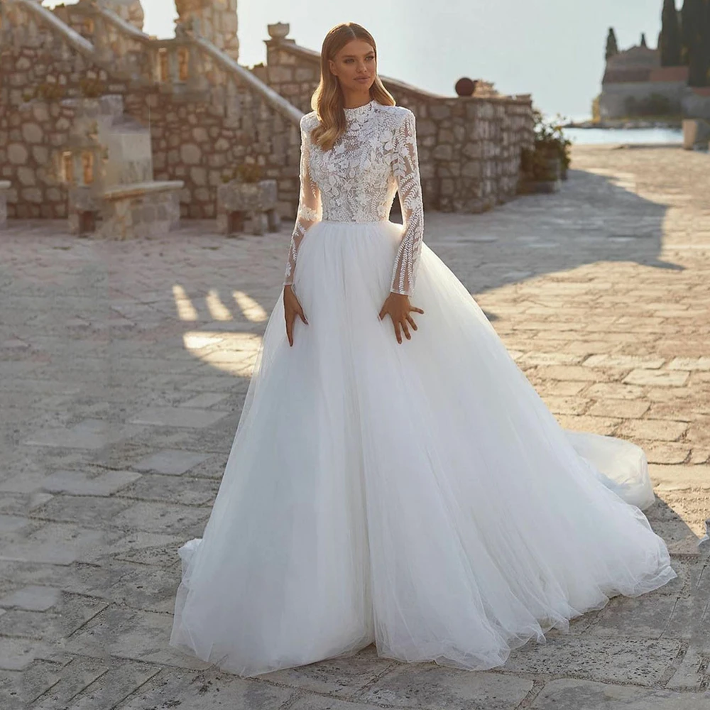 Grace Pretty-vestidos de novia de lujo de princesa, modestos vestidos de novia musulmanes de manga larga con cuello redondo, 2024