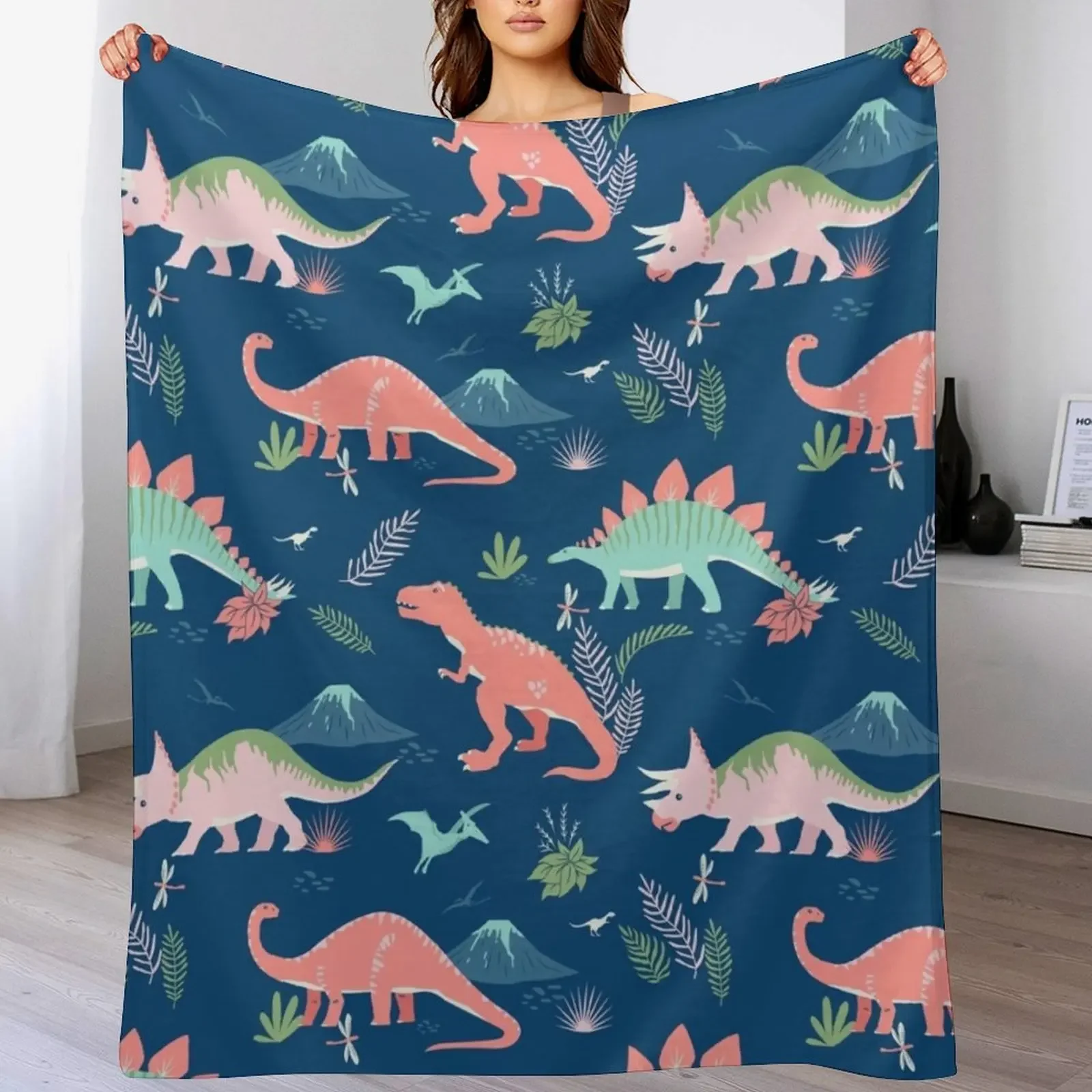 

Jurassic Dinosaur in Blue + Coral Throw Blanket Travel Size Cozy Blanket for Plane Train
