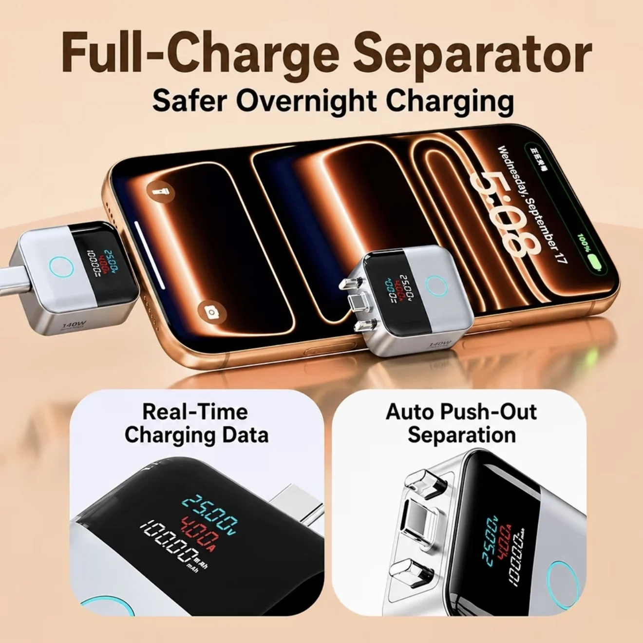 USB-C Charging Separator 140W AI Smart Auto Power-off Adapter Digital Display Data Cable Overcharge Protection for Phone Tablets
