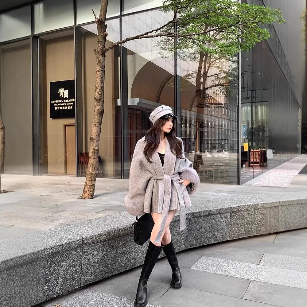

2025 New Open Cardigan Jacket Fox Fur Woolen Short Coat for Women Office Lady Elegant Double-sided Woolen Over