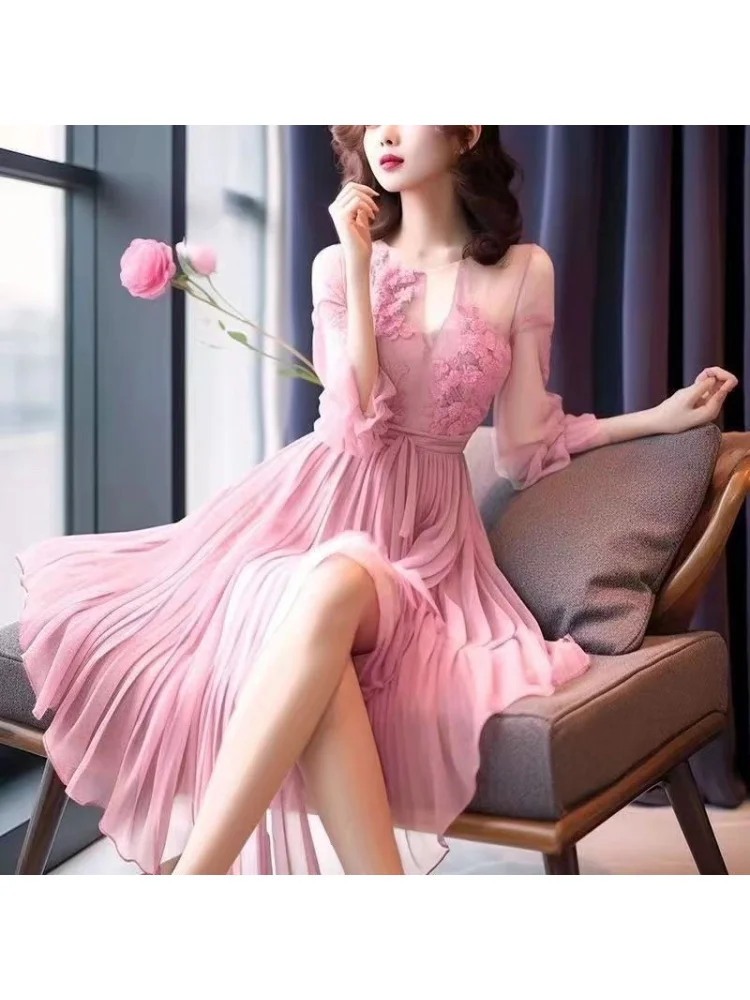 French Style High Sense Machine Embroidery Dress Female Summer New MeshaRuffled Pleated Skirt