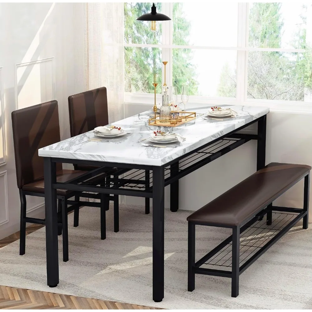 Dining Table Set for 4 with Bench and Chairs,Faux Mable Small Kitchen Table and Chairs for 4 w/Storage Rack, Dining Room Table
