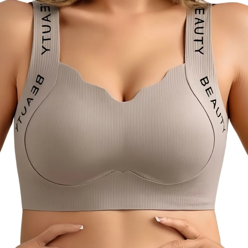 Gerippte BHs, Drahtloser BH für Damen, Nahtlose Unterwäsche, Übergrößen, Wellenförmiger Ausschnitt, Breiter Träger, Buchstabendruck, Stützender Sexy Lingerie, Größen M-3XL – Detail 7