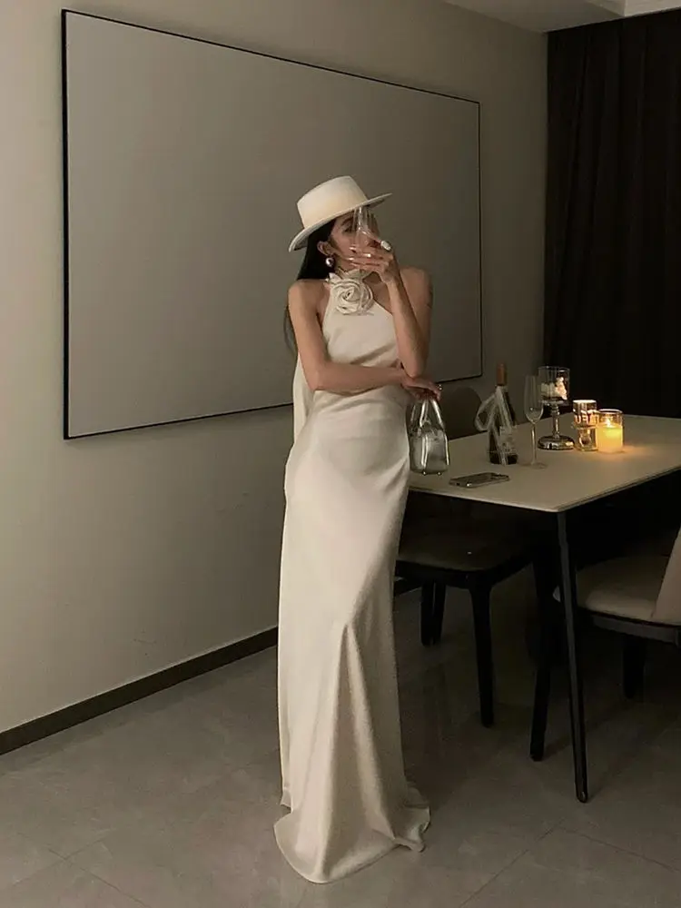 Plus Size French Style Floral One Shoulder Satin Evening Dress for Women Summer Sexy Backless Gown with Flowing Ribbon Detail