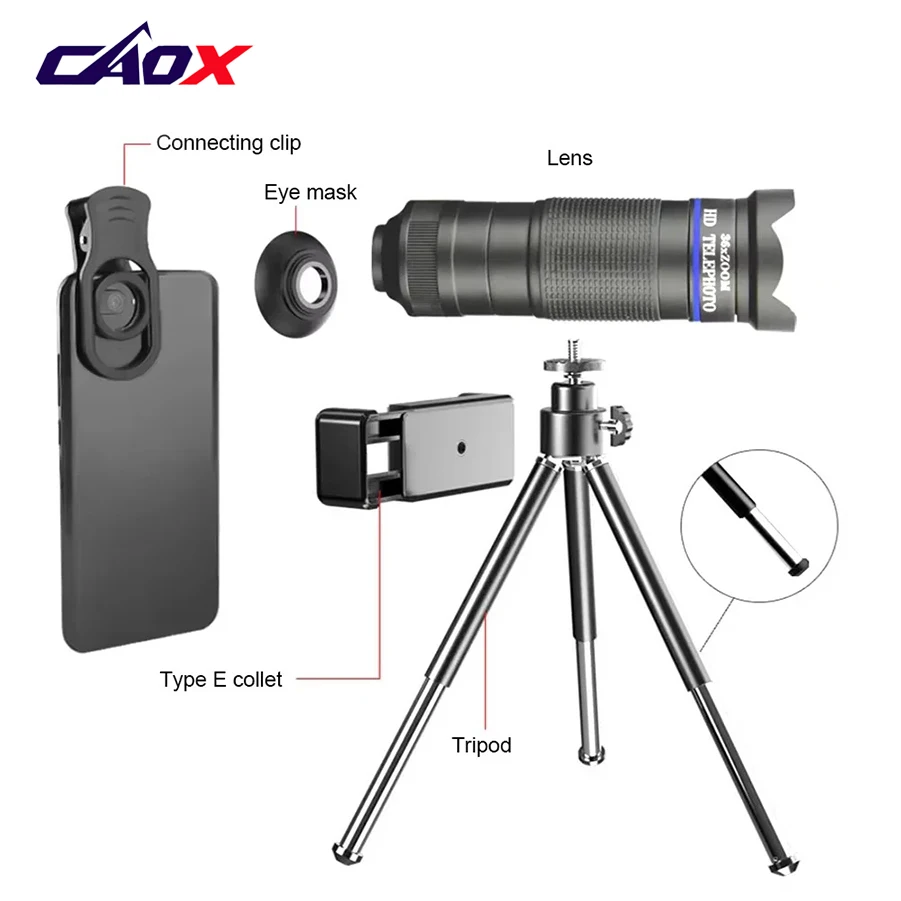 CAOX Teleskop-Zoom-Makro-Fisheye 4-in-1 Weitwinkel-Objektiv-Set Handy-Kamera-Objektiv 36x Teleobjektiv für Mobiltelefone