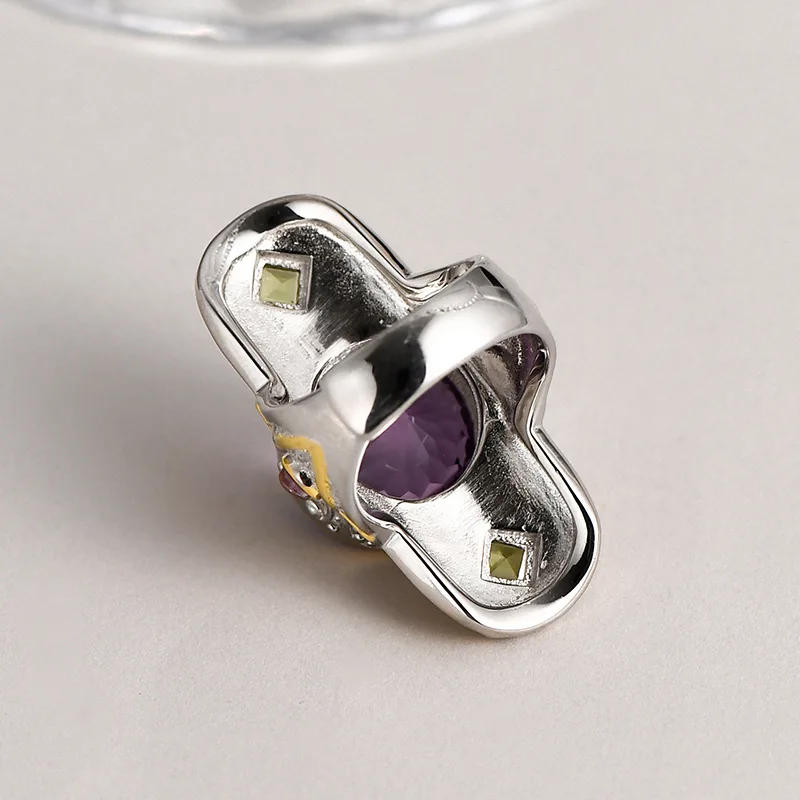 S925 Sterling Silver Rings for Women Men New Fashion Contrast Colored Geometry Exaggerates Pattern Inlaid Amethyst Jewelry