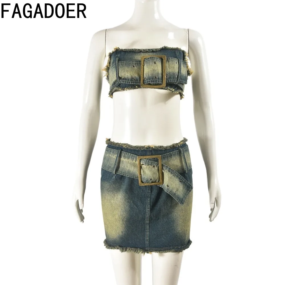 FAGADOER Fashion Retro Distress Y2K Denim Streetwear Women Sleeveless Backless Tube And Belt Mini Skirts Cowboy Two Piece Sets