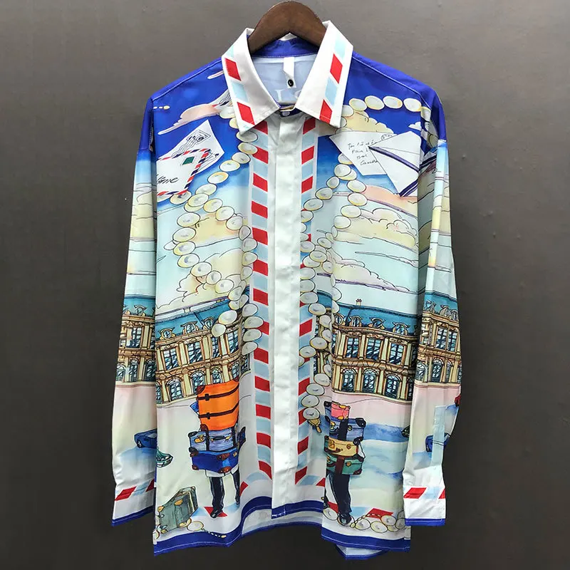 Long Sleeves Men Tops Fall Hawaiian Beach Shirts Streetwear Character Print Shirt Streetwear Hip Hop Camisa Floral Masculina