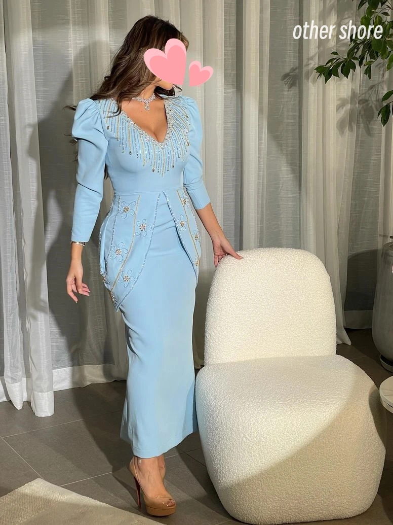 Autre Shore-Robe de soirée bleue à perles, élégante, vintage, sexy, col en V, longueur de rinçage, occasion formelle, robe de Rh, quoi que ce soit