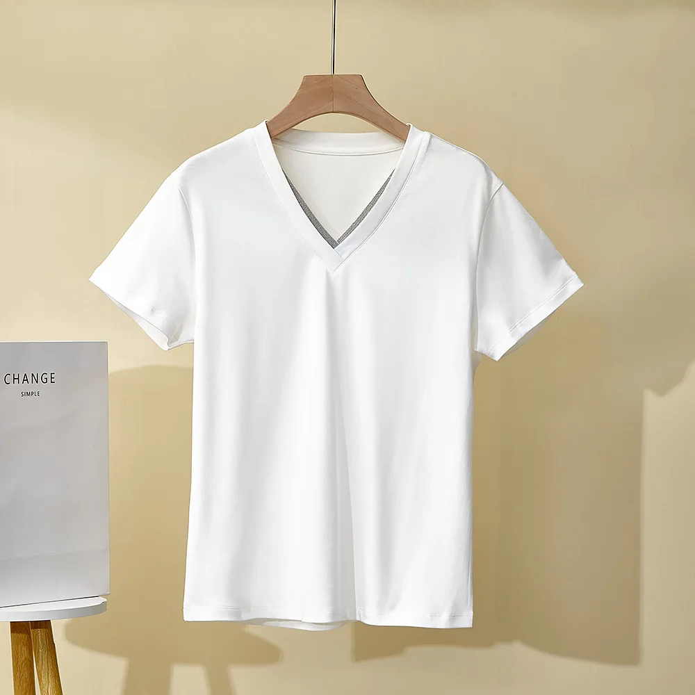 

Spring Summer New Women's Top V-neck Cotton Bead All-match Short-sleeve T-shirt