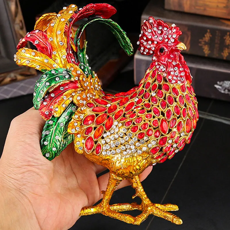 Kotak Perhiasan Hiasan Ayam Jago Besar Vintage Enamel Dilukis Tangan untuk Dekorasi Rumah & Kantor