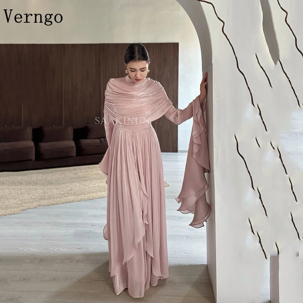 

Verngo Shiny Beading Formal Occasion Dresses High Neck A Line Prom Gowns Modest Arabia Pleated Evening Dress Customized