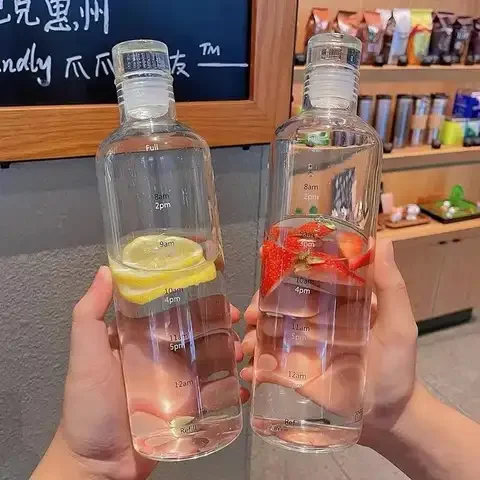 

Large Capacity Glass Bottle With Time Marker Cover For Water Drinks Transparent Milk Juice Simple Cup Birthday Gift 500/750ml