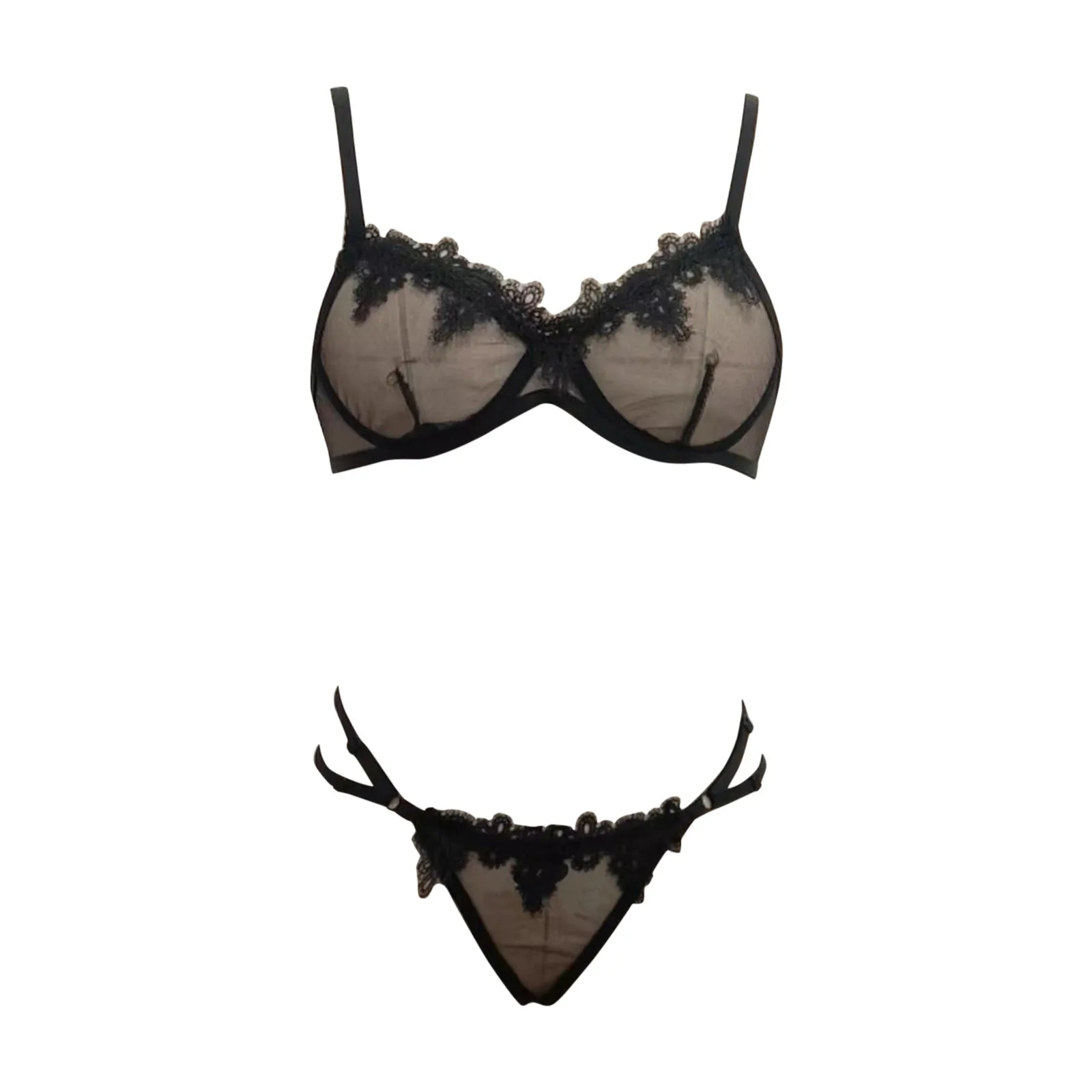 Lingerie Sensuelle en Dentelle Ajourée Transparente pour Femme, Costumes de Porno Transparent, Soutien-Gorge à Armatures, Tongs, Tenue Sexy, 2 Pièces