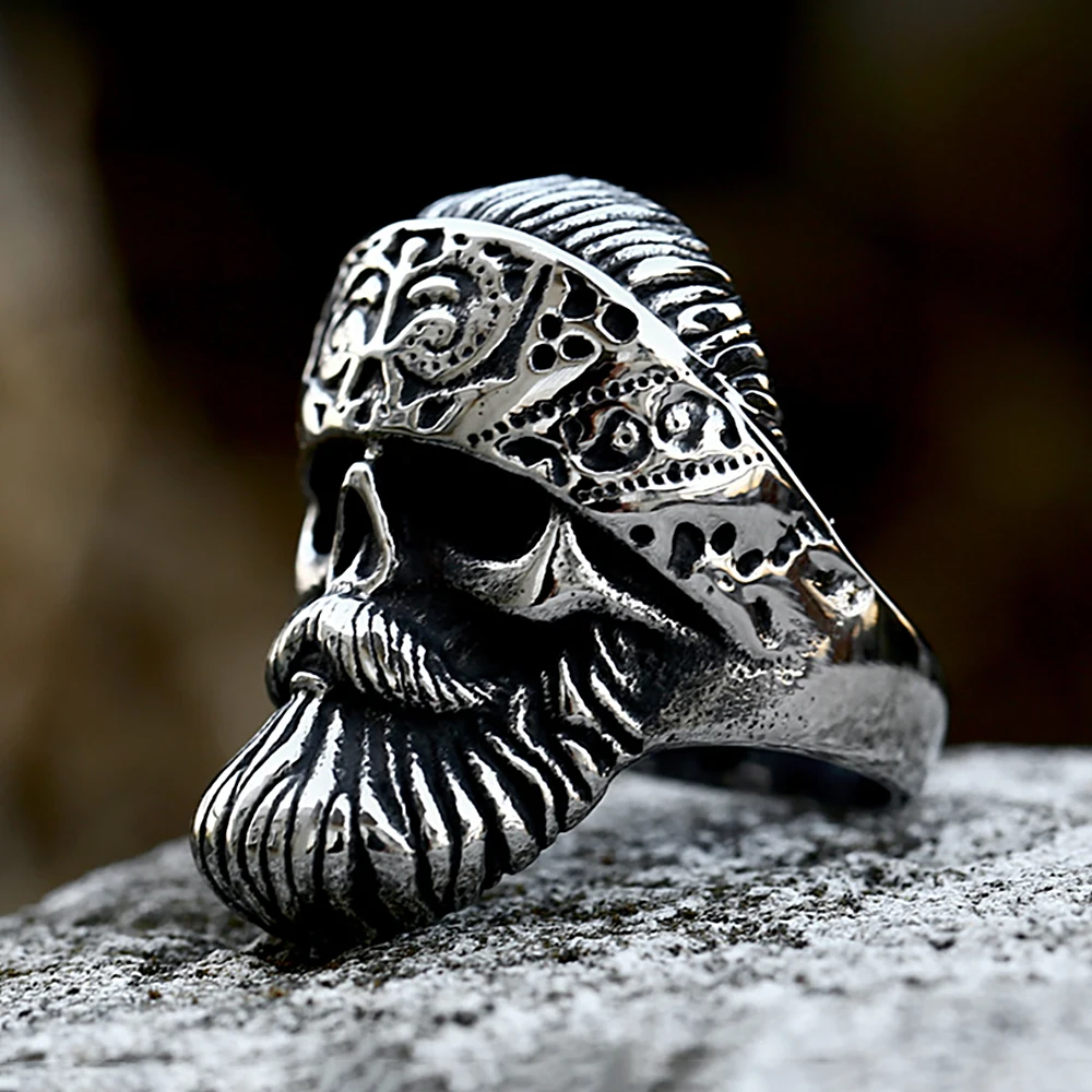 Retro Big Beard Wear Hat Skull Rings For Men Stainless Steel Cool Punk Skull Biker Skull Ring Fashion Jewerly Gift Dropshipping