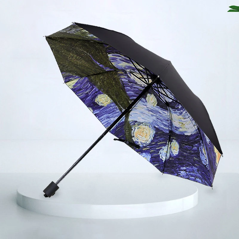 Van Gogh\'s starry sky oil painting, clear umbrella, black rubber shading, UV protection, men and women folding sun umbrella