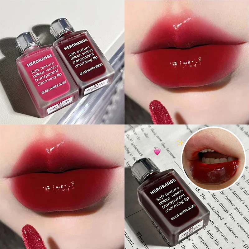 Brillo de labios rojo brillante transparente, lápiz labial líquido de gelatina de espejo, hidratante, tinte de labios duradero, cosméticos para manchas