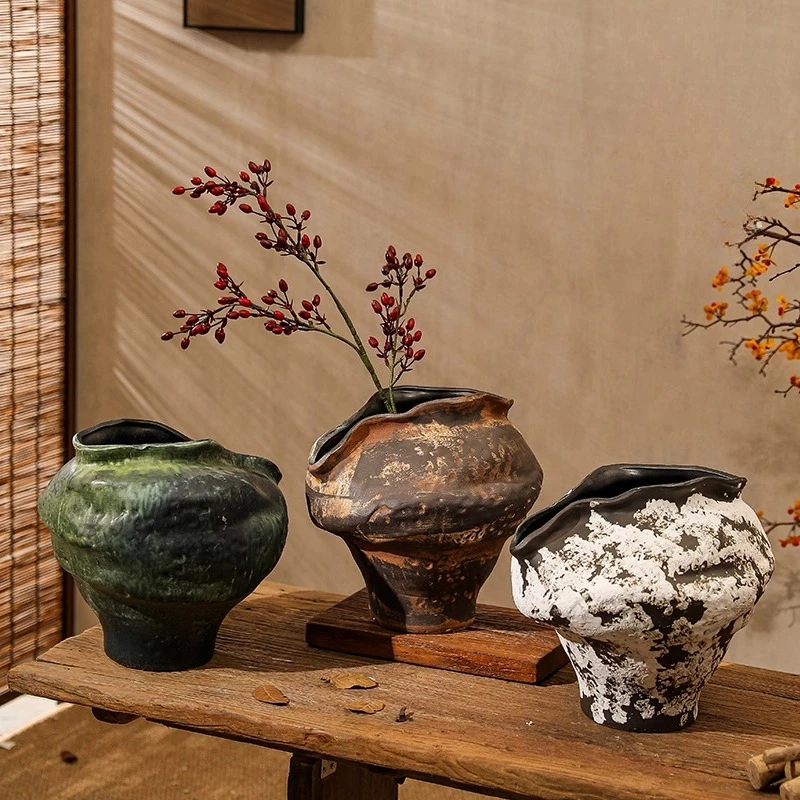 

Retro ceramic vase, coarse pottery flower ware, large pottery pot, creative art ornament, flower arrangement, dried flower B & B