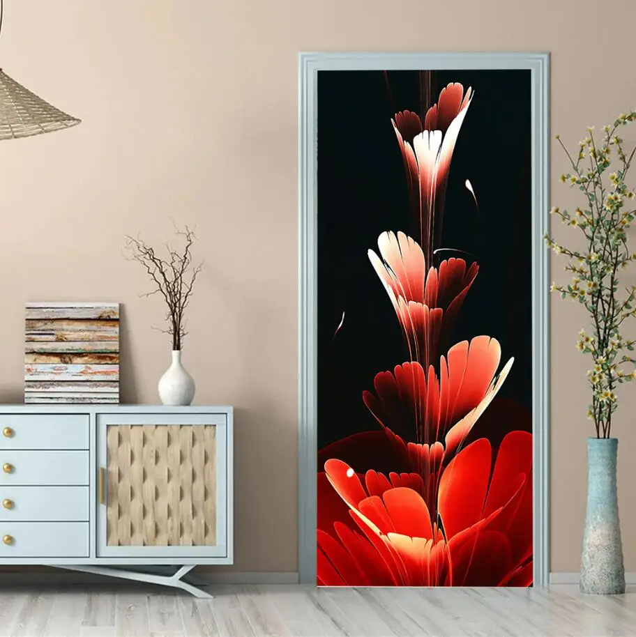 

Modern Fashion Flower Feathers Door Stickers Self Adhesive 3D Abstract smoke Wallpaper Wardrobe Cabinet Fridge decoration Mural