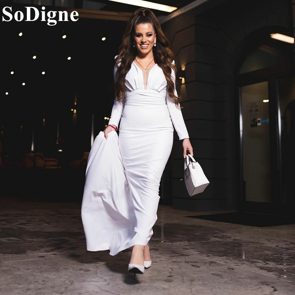 

SoDigne Simple Deep V-Neck Mermaid Evening Dresses Draped Long Sleeves 2024 Modern Formal Occasion Women Prom Gowns Party Dress