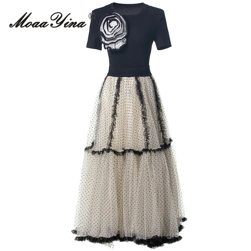 

MoaaYina Summer Round Neck Short Sleeved Patchwork Top+Mesh Pleated Polka Dot Skirt Two-Piece Set