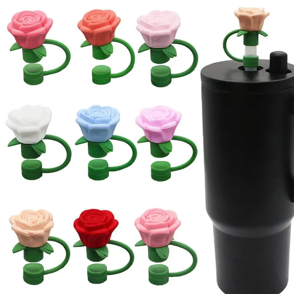 9-10mm Rose Flower Straw Cover For Stanley Large Silicone Diameter Heat-resistant Dust Proof Straw Plug Cap Cup Accessorie