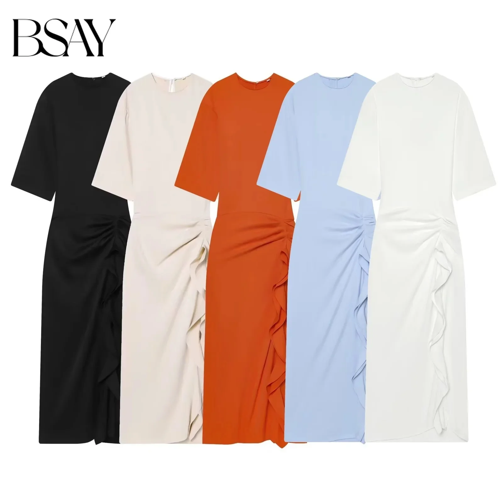 BSAY 2026 Women's Solid Color Round Neck Half Sleeve Midi Dress Slim Fit Side Ruched Ruffle Split Elegant Commuter Formal Dress