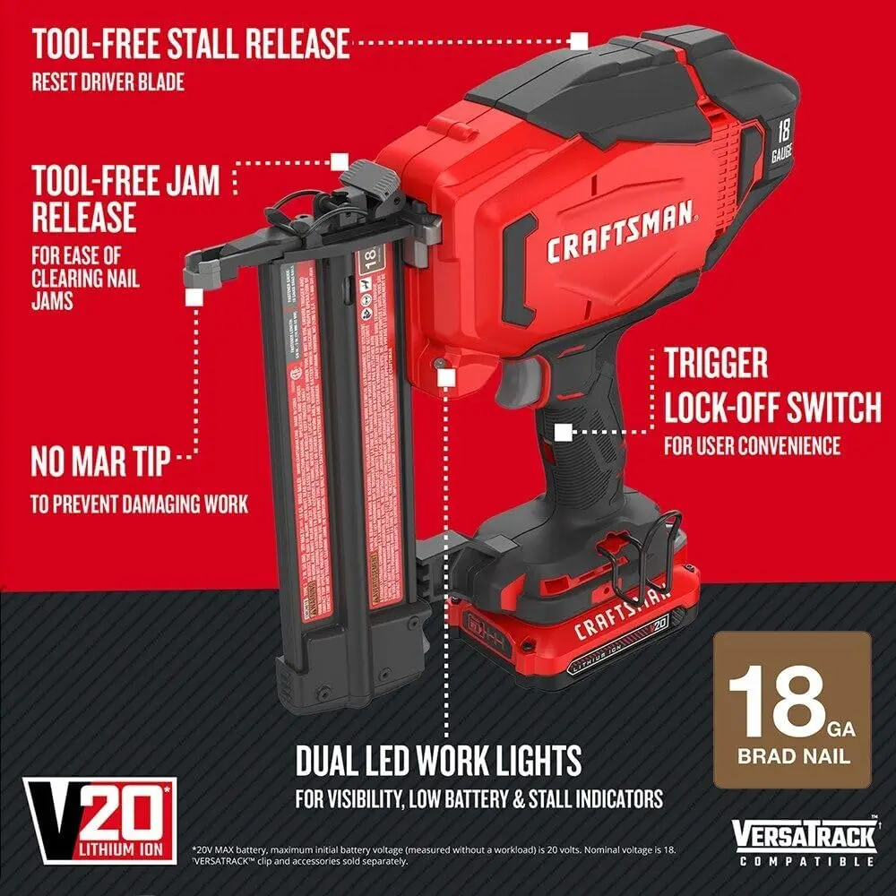 V20 Cordless Brad Nailer, 18 Gauge Nail Gun, with Battery and Charger (CMCN618C1)