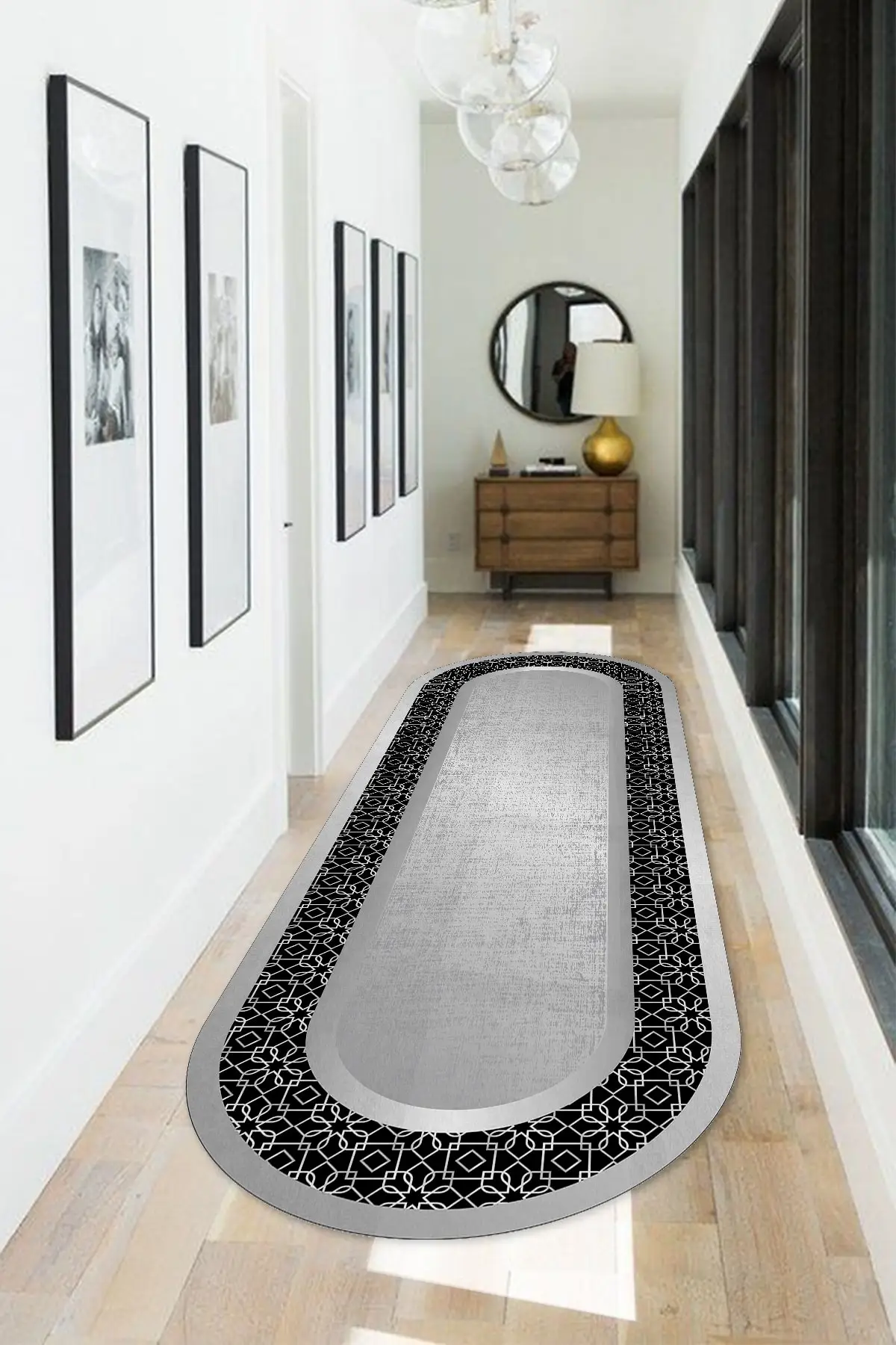 

DOLBOVI digital printed washable black-gray, framed and embroidered Oval carpet 1118