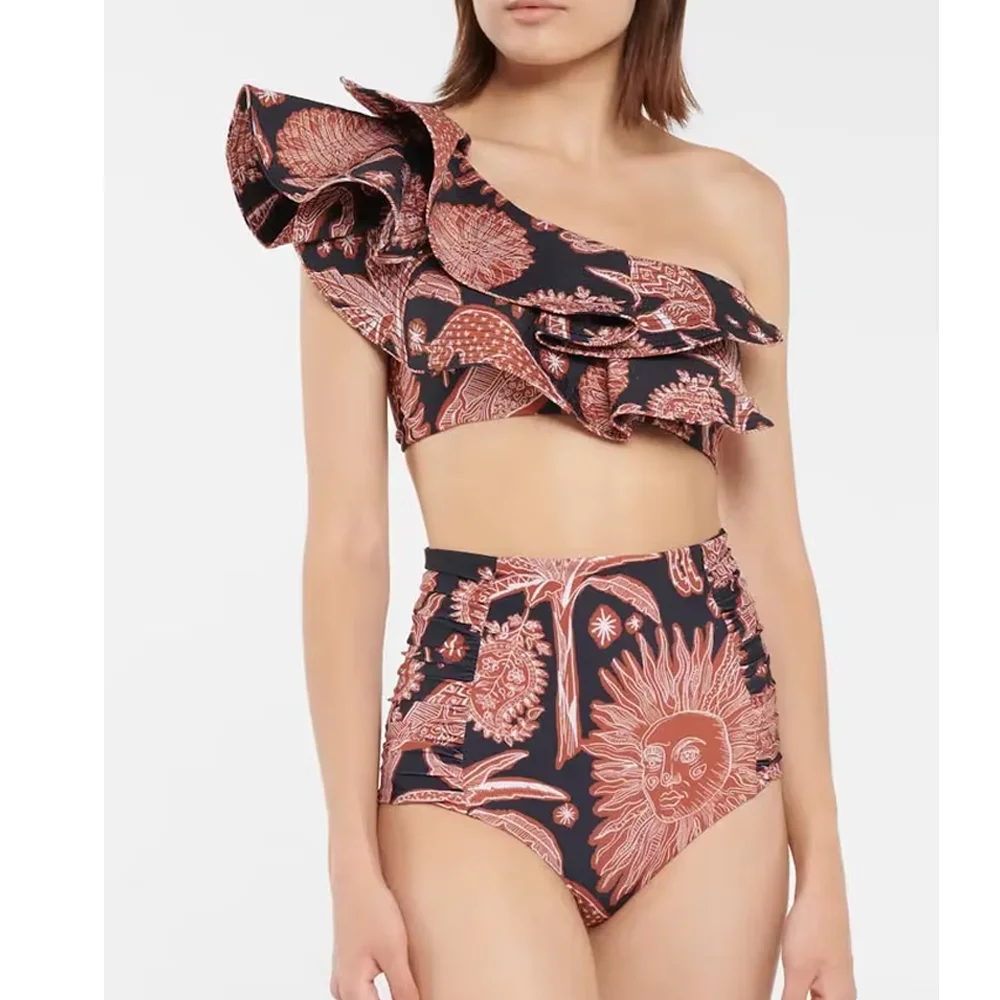 Bañador estampado con volantes para mujer, traje de baño de dos piezas de cintura alta con hombro descubierto, ropa de playa con pliegues, novedad