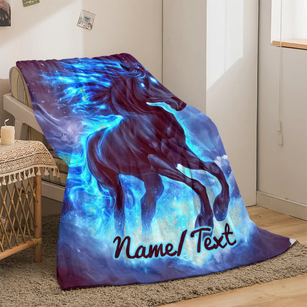 Custom Name Flaming Black Horse Flannel Blanket, suitable for sofa, bed, birthdays, friends, children, gifts