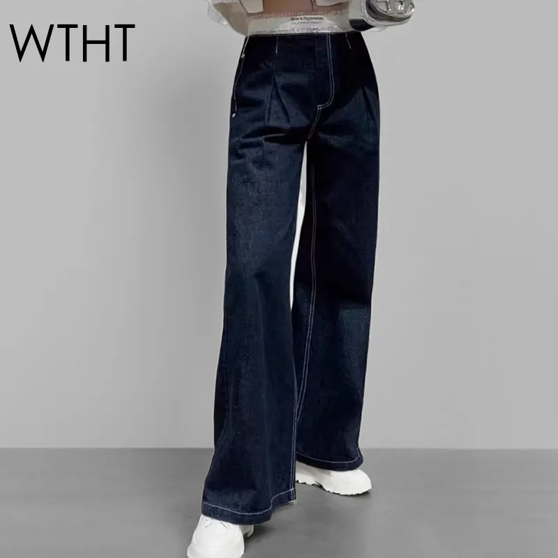 WTHT New Fashion Women's Patchwork Double Waist Lace Edge Design Wide Leg Jeans 2025 Spring High Waist Denim Pants Female 1LS816