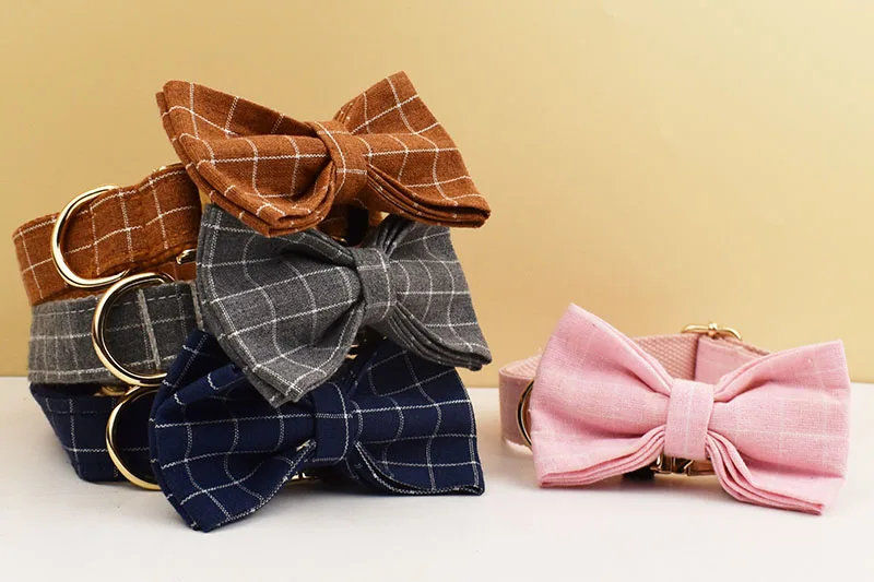 Kariertes Hundehalsband Designer mit Fliege Maßgefertigtes Hundezubehör Luxus-Haustierhalsband und Leinenset – Detail 7
