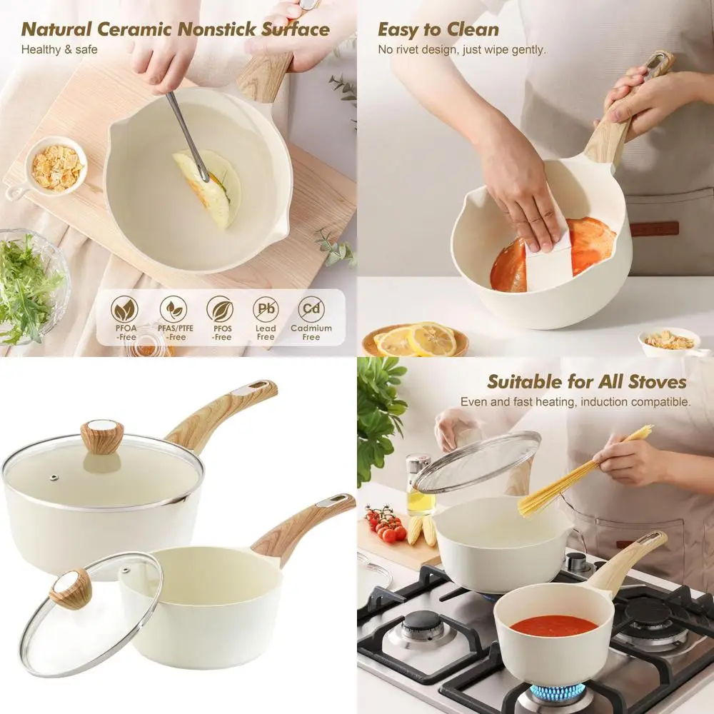 

Nonstick 2.0 & 3.0 Quart Ceramic Cookware Set with Lid, Pour Spout, Induction Compatible, Safe and Non-toxic
