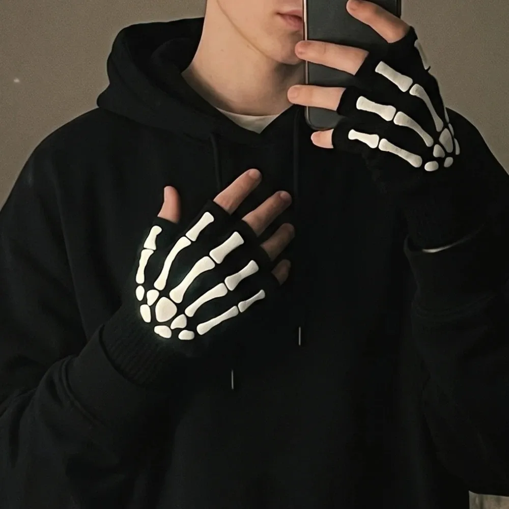 Polyester Skeleton Print Gloves Black Fluorescent Stretchy Material Knitted Half Finger Gloves Glow In The Dark Breathable
