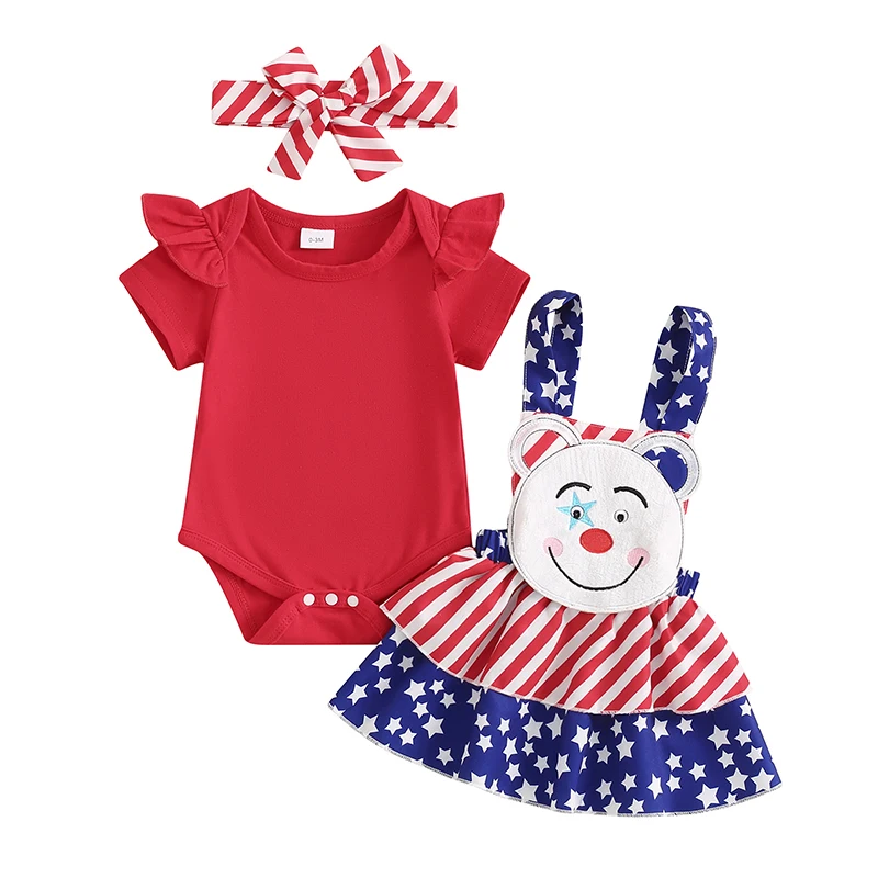 

Baby Girls 4th of July Outfit Short Sleeves Rompers and Star Stripe Suspender Skirt Headband 3 Piece Clothes Set