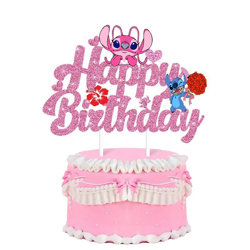 Decoraciones de tartas de punto |   Lilo & Stitch Glitter "HAPPY BIRTHDAY" Púas/ pancartas de cumpleaños La mejor opción para fiestas de cumpleaños