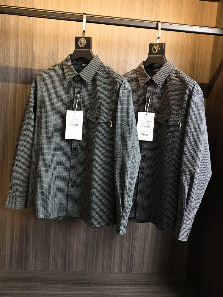 

Men's Standard Fit Long Sleeve Bubble Texture Plaid Embroidery Shirt Coat Flip Collar Fashionable Urban Style Polyester Fiber