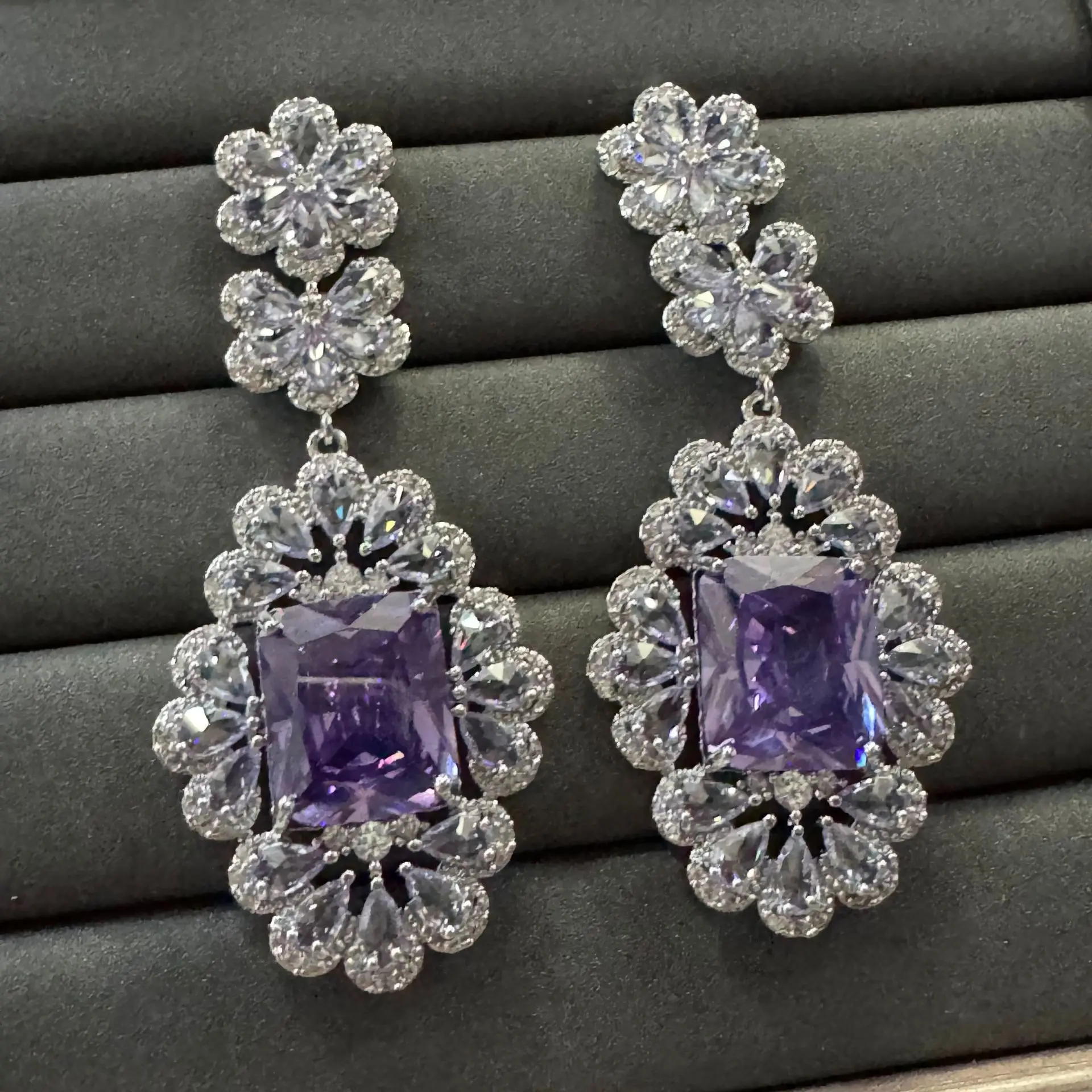 

Multi-Color Cubic Zirconia Flower Drop Statement Earrings Silver/Gold Plated Floral Dangle Earrings for Women Wedding Jewelry