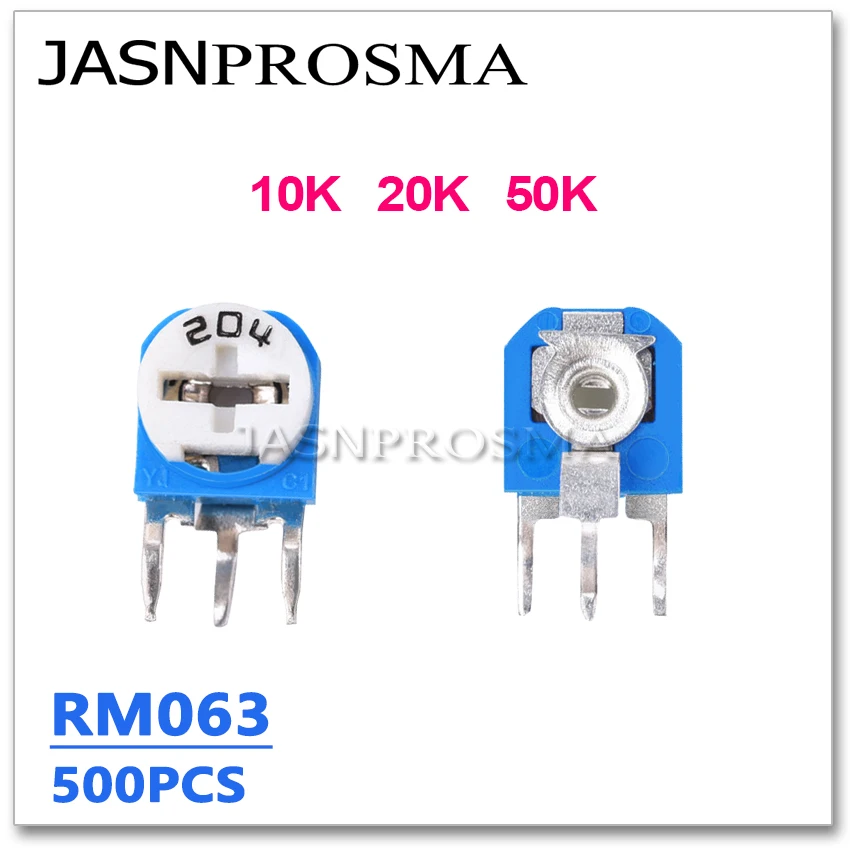 JASNPROSMA RM063 500PCS 10K 20K 50K 103 203 503 azul branco Trimpot Trimmer Potenciômetro Resistor variável ajustável OHM