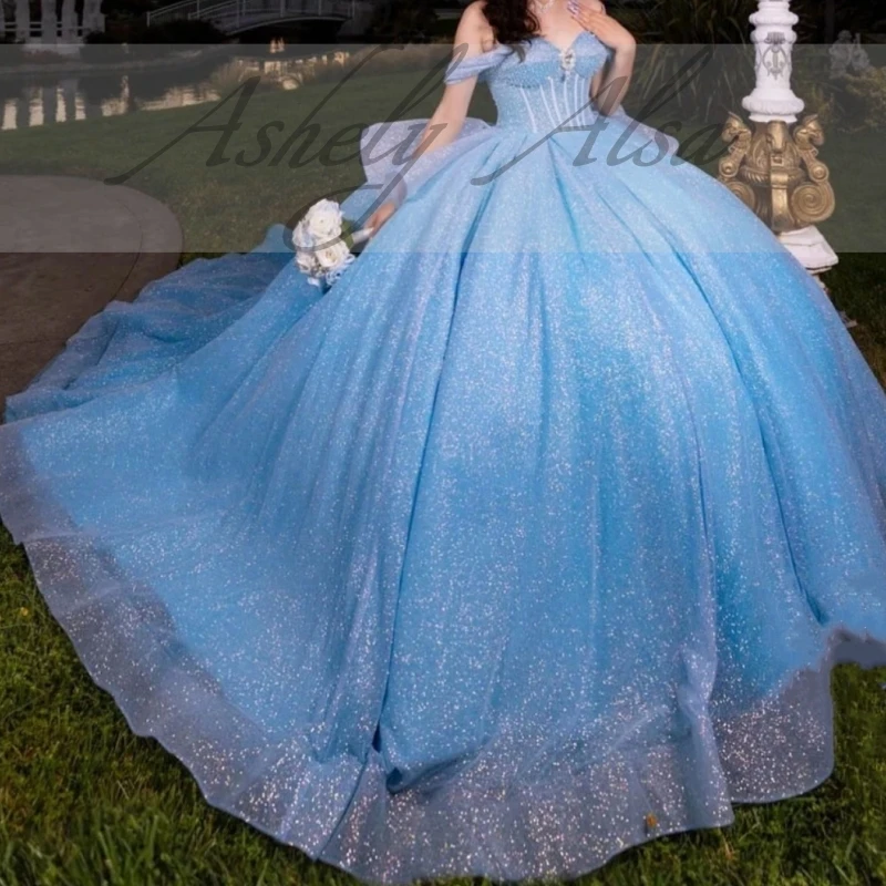 Customized Sky Blue Quinceanera Ballgown Dresses Off Shoulder Crystal Sweep Train Women Prom Birthday Party Occasion Dress 15 16