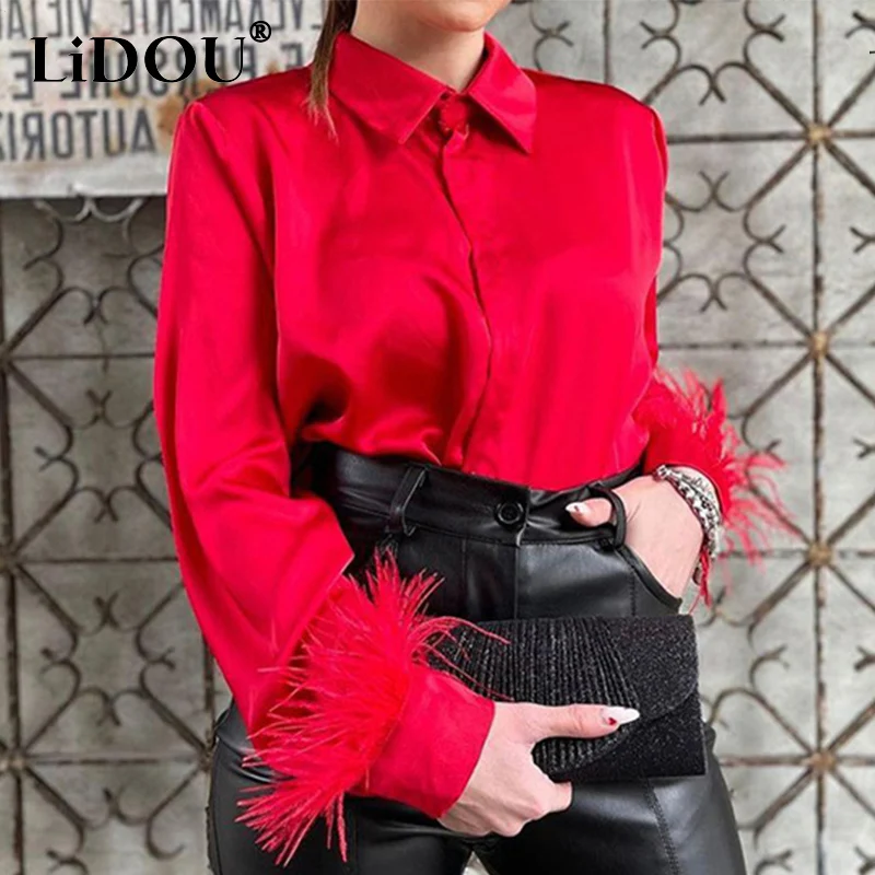 Spring Autumn New Vintage Solid Feather Patchwork Loose Casual Blouse Femme Streetwear Elegant Fashion Button Up Shirt Top Women